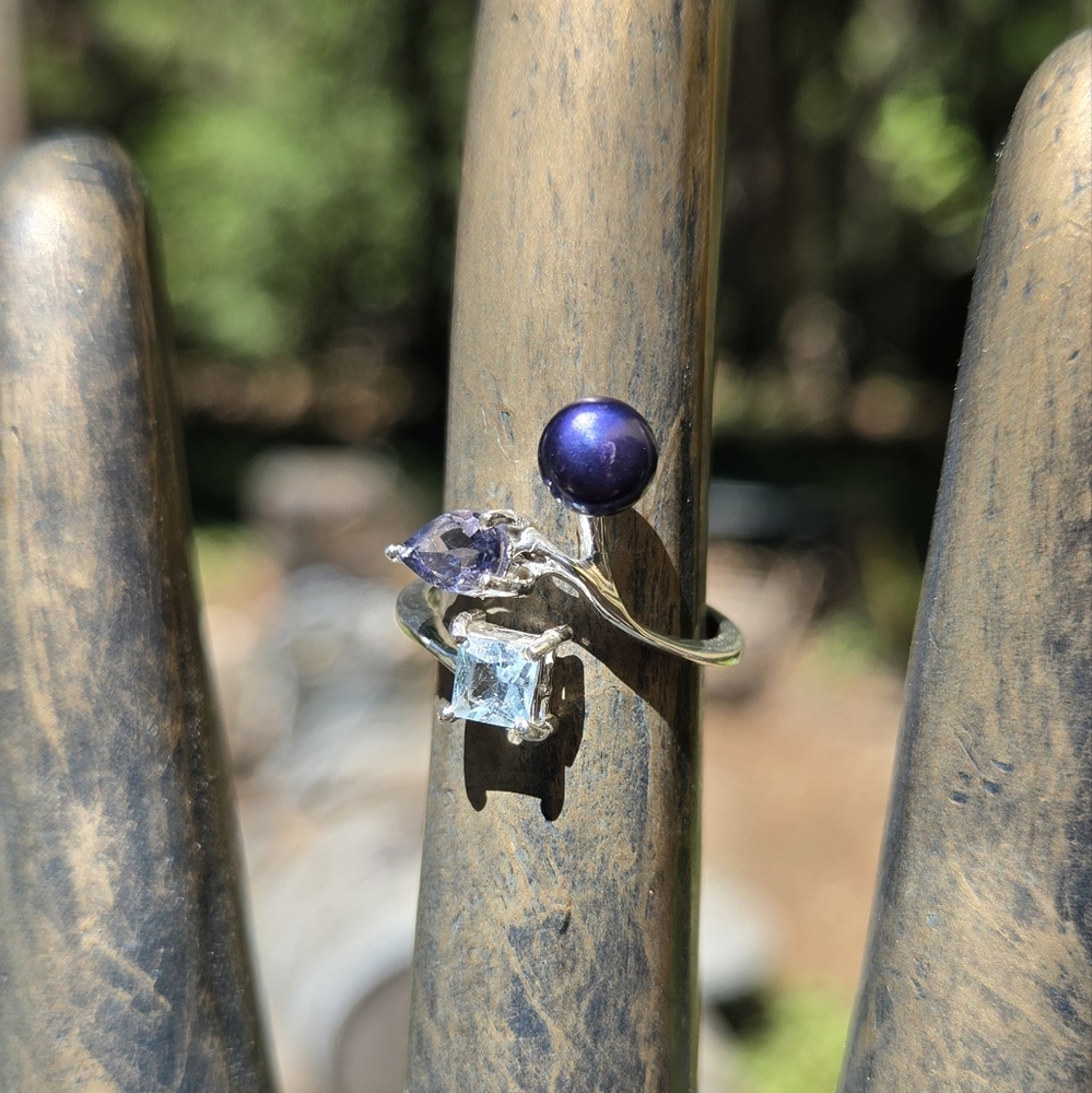 Blue Topaz Lolite & Natural Pearl Ring Sz6.5 Adjustable - Picture 3 of 9